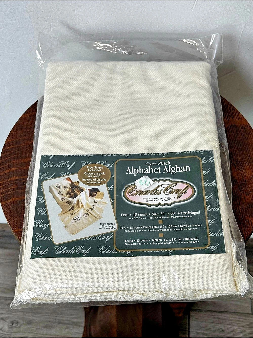 Charles Craft Cross Stitch Alphabet Afghan Ecru 54 x 60 inch Cotton Brand New